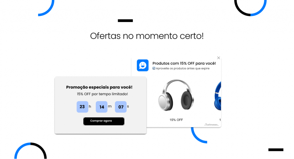 Notificações do Pushnews, oferecendo descontos por tempo limitado aos clientes.